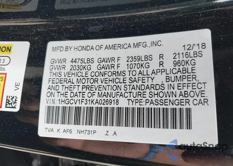 2019 Honda Accord Sport z USA, uszkodzony, nr VIN 1HGCV1F31KA026918